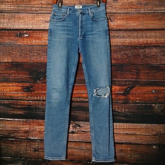 Agolde Jeans Size 27 Nico Ankle Crop High Rise Button Fly Distressed Blue Denim - Picture 3 of 10